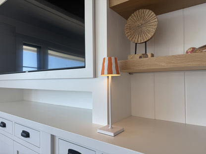 Modern LED Table Lamp with Patterned Shade – Slim White Base