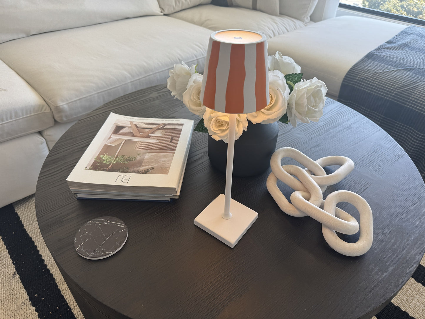 Modern LED Table Lamp with Patterned Shade – Slim White Base